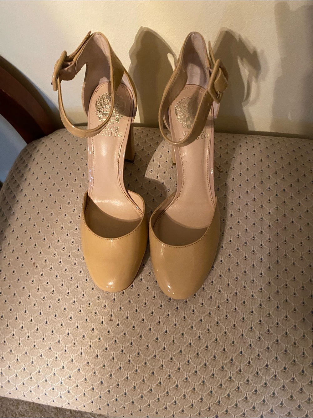 Vince Camuto Mustard Patent Ankle-Strap Block Heels
